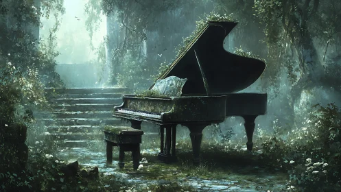 Moss-covered grand piano decays in diffuse forest ruin light