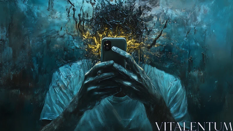 Digital overload portrait with dissolving head abstraction.