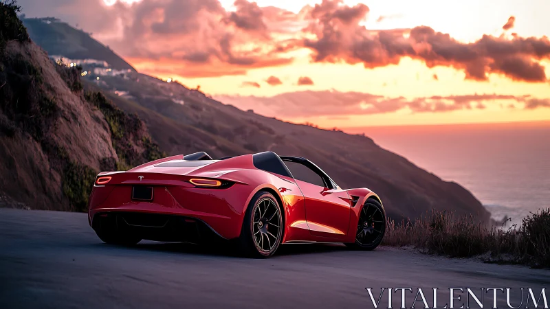 Red electric sports car overlooks dramatic sunset coast road