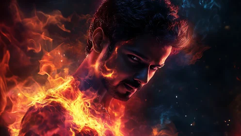 Male figure in profile surrounded by stylized flames.