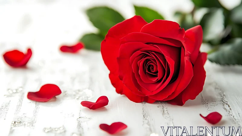 Red Rose with Scattered Petals on Whitewashed Wood.