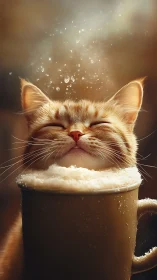 Cozy Cat Relaxing in Warm Coffee with Magical Steam Effects