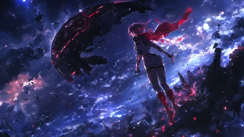 Red haired space heroine confronts colossal alien warship