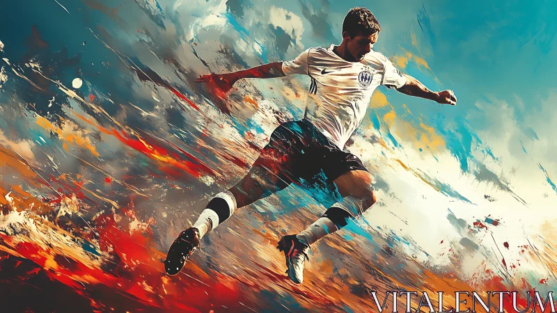 Dynamic soccer striker mid-air kick in abstract paint trails