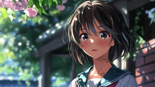 Soft afternoon light catches a shy schoolgirl beneath blossoms