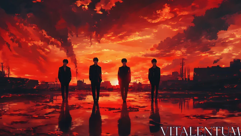 Silhouetted figures in red industrial sunset landscape.