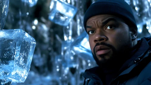 Man in winter clothing amid suspended ice blocks and shards.