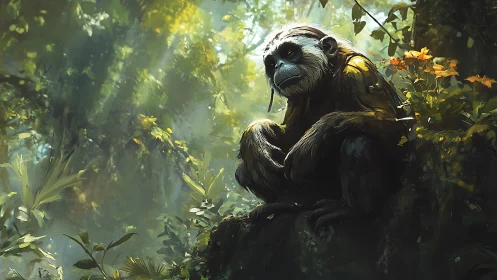 Primate sits on mossy rock within dense forest foliage