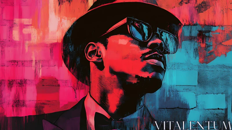 Neon portrait of cool man with hat against abstract wall.