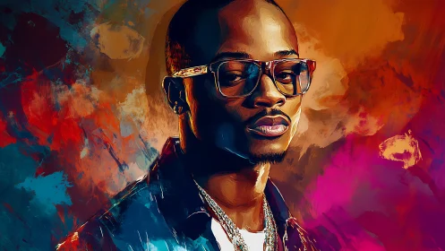 Portrait shows stylized man with glasses against vivid backdrop