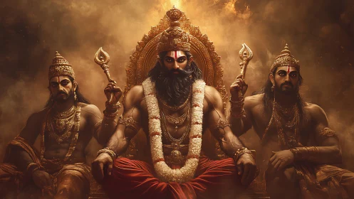 Mythic warrior king on ornate throne flanked by guardians