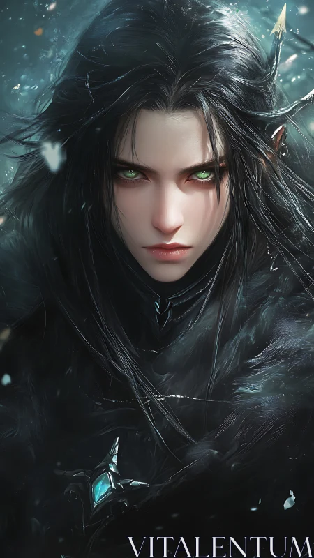 Dark elf warrior with emerald eyes confronts viewer