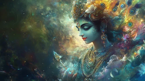 Divine blue goddess amid cosmic clouds and peacock plumes.