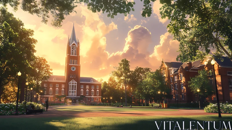 Sunlit campus clock tower rises above tranquil green quad.