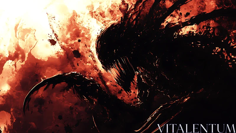 Silhouetted clawed entity is rendered against turbulent reds