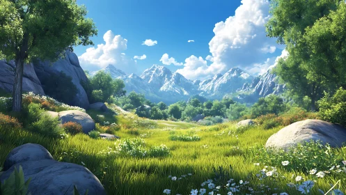 Sunlit mountain meadow opening onto bright summer skies.