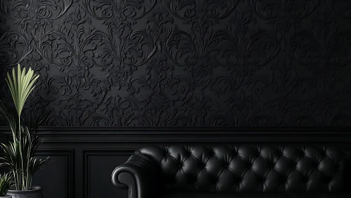 Velvety black sofa rests beneath an ornate textured wall