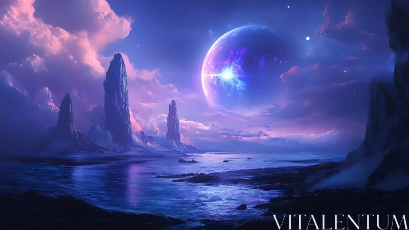 Alien seascape with glowing planet and tall rock spires.