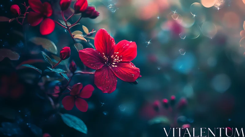 Red flower macro subject is isolated against soft bokeh field