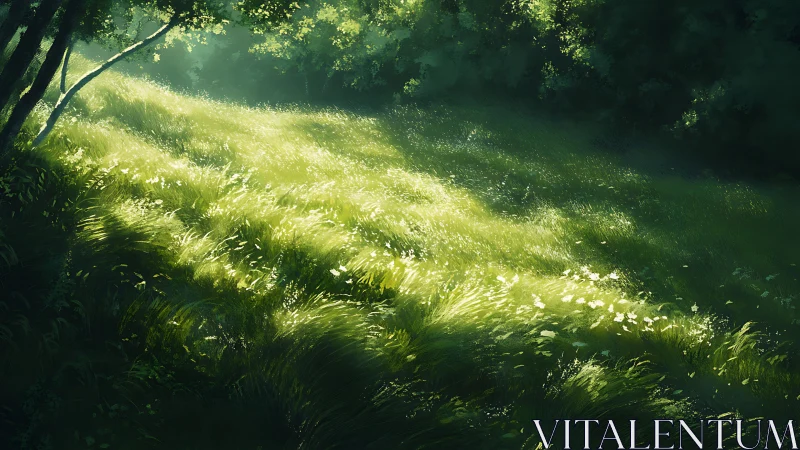 Sunlit meadow whispers beneath a quiet green canopy.