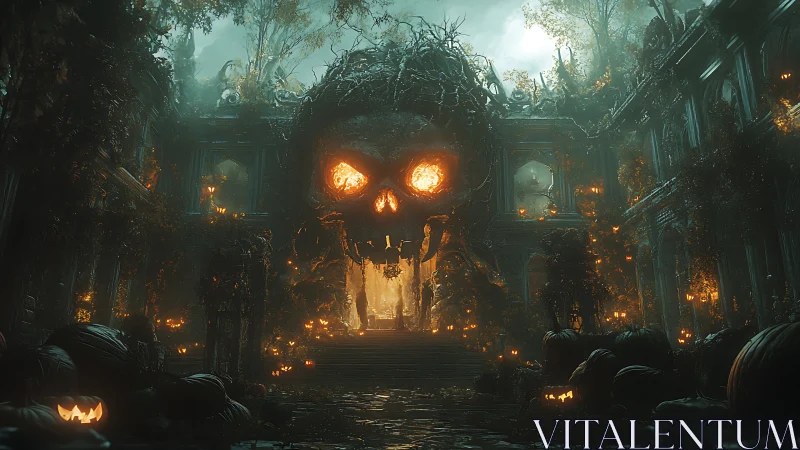 Haunted courtyard with skull gate and glowing pumpkins.