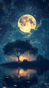 Moonlit lakeside couple share a quiet, dreamlike moment.