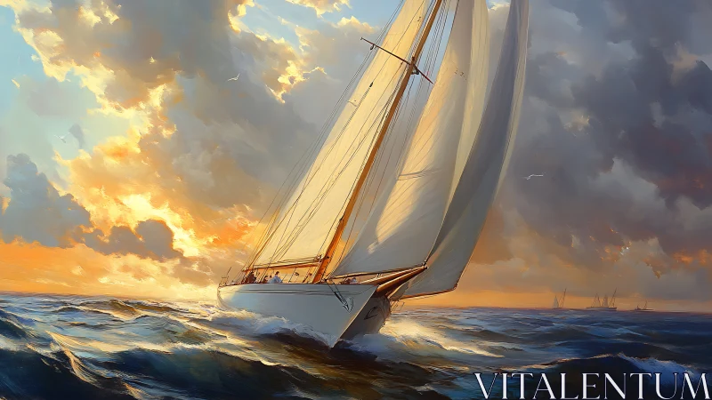 Sailing vessel on open sea under dramatic sunset sky.