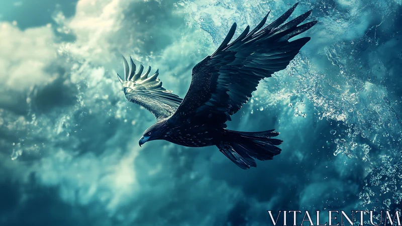 Majestic Eagle in Flight Over Ocean Waves, Digital Art Style.