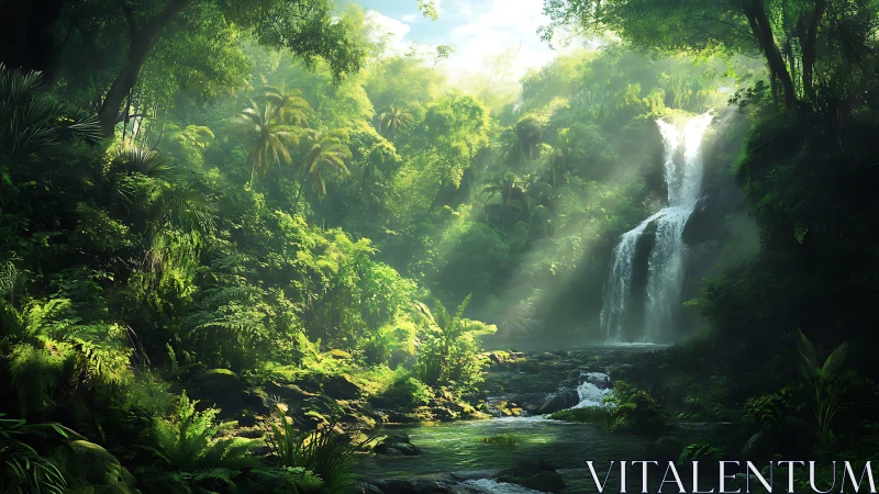 Tropical Waterfall Cascades Through Verdant Jungle Canopy.