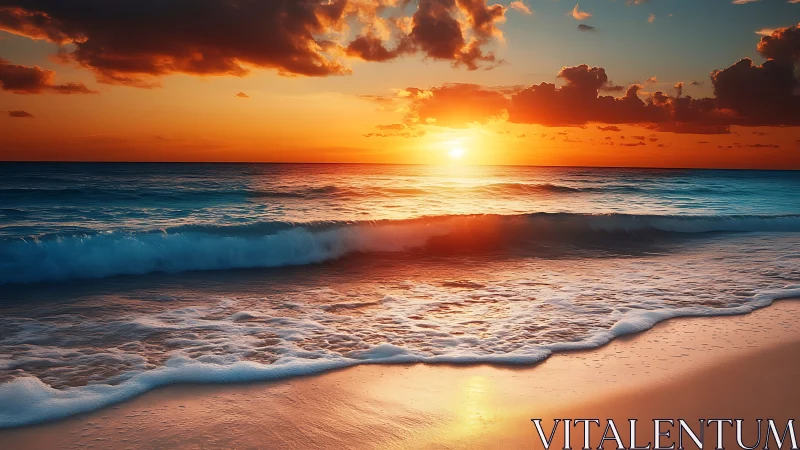 Sunset over calm ocean waves at sandy shoreline.