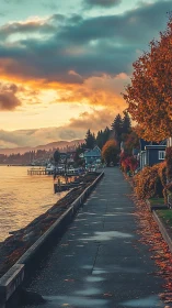 Waterfront sidewalk with autumn trees at sunset light.