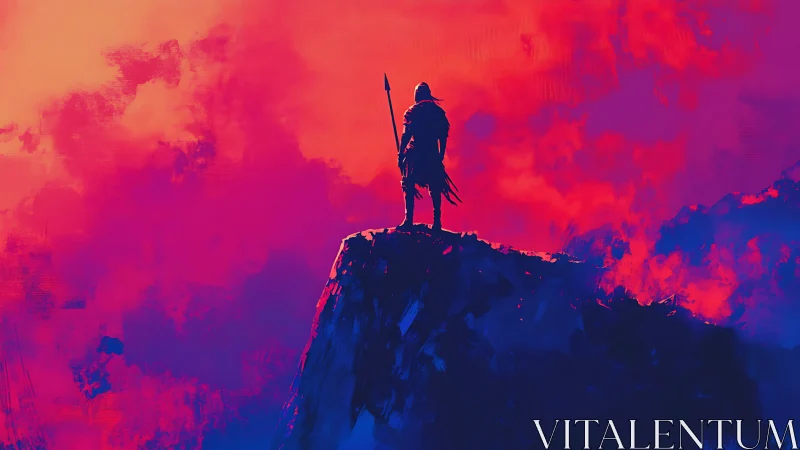 Silhouetted warrior stands on cliff amid high‑contrast neon sky