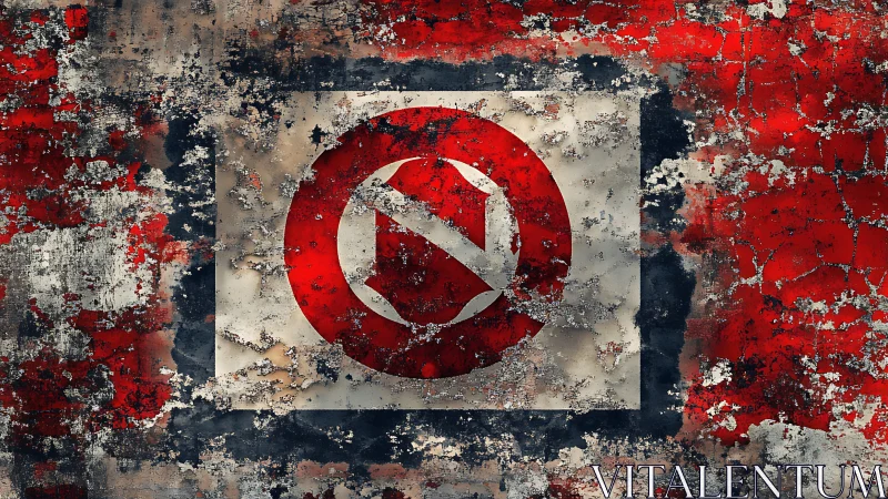 Weathered prohibition sign with fractured red patina.