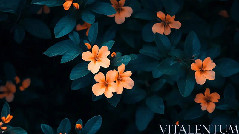 Orange Blossoms Against Deep Teal Foliage.