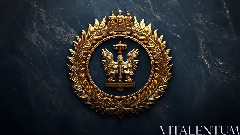 3D gilded heraldic emblem with laurel wreath on marble wall.