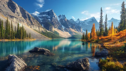 High-altitude glacial lake with autumn conifers and craggy peaks