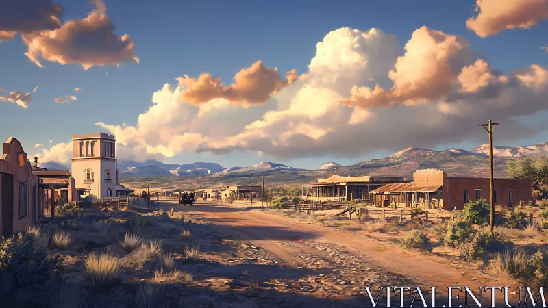 Sunlit frontier main street dreaming under wandering clouds.