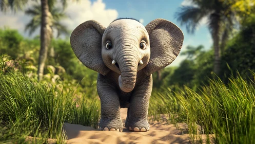 Playful 3D baby elephant rendered in lush jungle path.