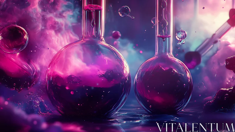 Neon laboratory flasks with magenta reactive cloud suspensions