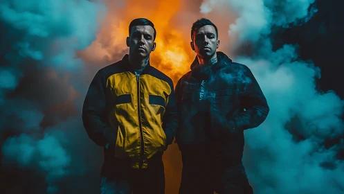 Dual portraits in cinematic smoke with teal orange contrast.