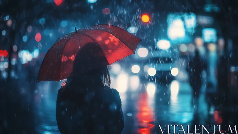 Silhouette holds red umbrella on wet city street at night