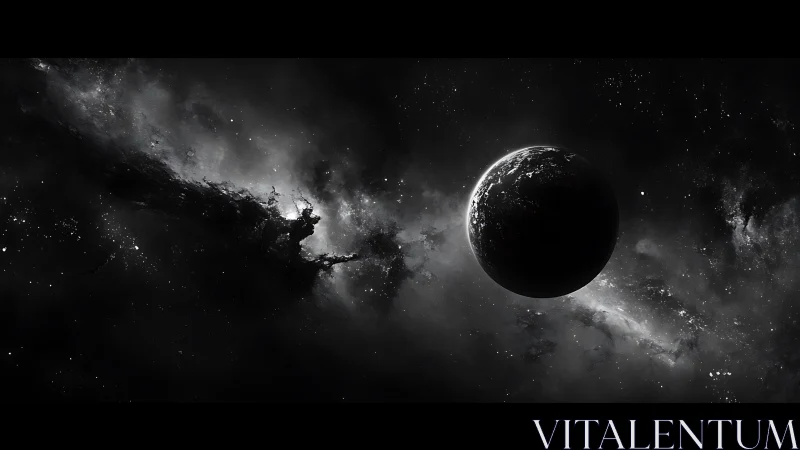 Lonely shadowed planet drifts quietly through a starlit void