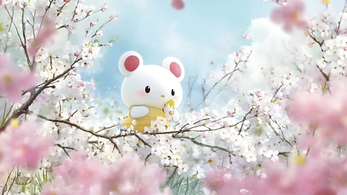 Gentle toy mouse enjoys a peaceful day in cherry blossoms