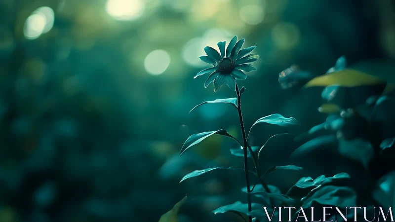 Solitary daisy-like flower in shallow forest focus at dusk.