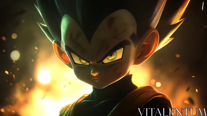 Battle-scorched anime warrior child framed in molten light.