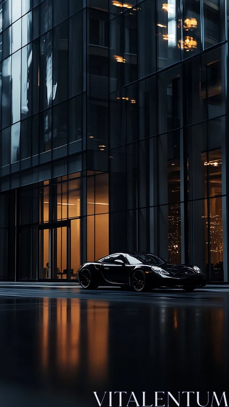 Black sports car parked before tall glass office tower.