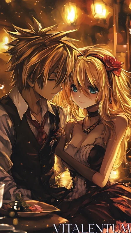 Romantic anime couple in warm lantern-lit evening ambience.