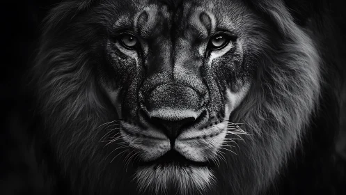 Monochrome lion portrait with intense forward gaze.