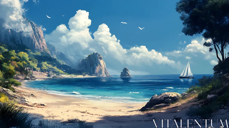 Coastal Landscape with Sailboat and Rocky Formations