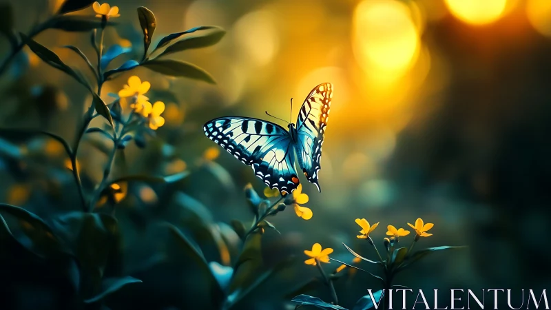 Backlit butterfly on yellow blossoms under shallow depth-of-field glow